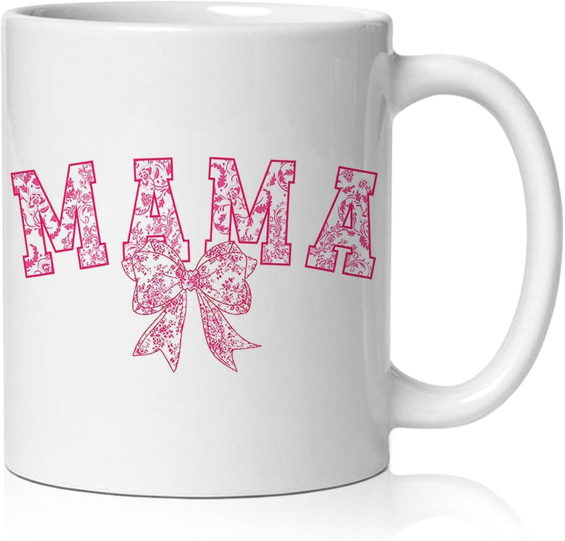 Tailorly White Ceramic 11 oz Mug - Mama Pink Floral Collegiate Letters Paired With A Matching Dainty Decorative Bow Mug