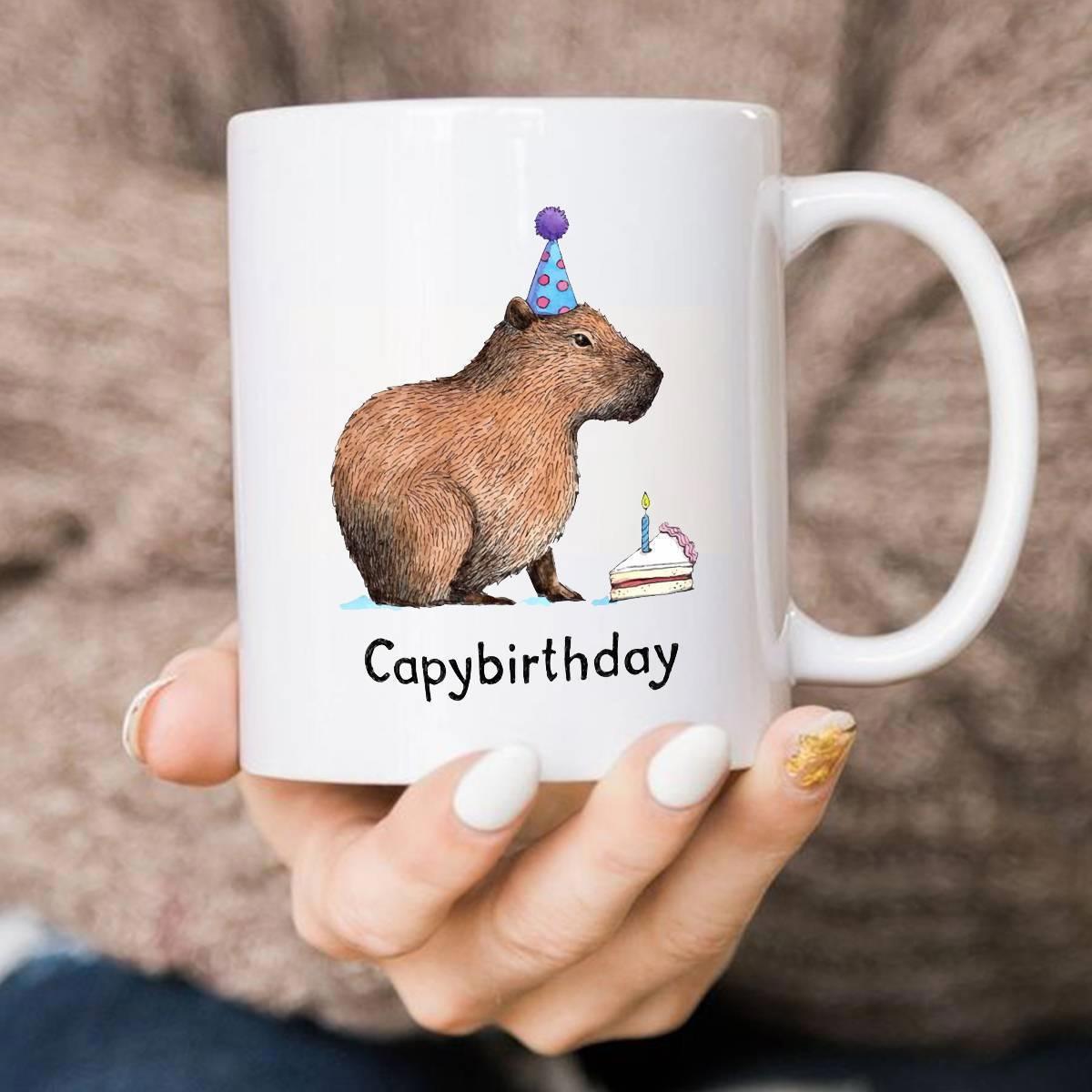 Tailorly White Ceramic 11 oz Mug - Capybirthday Adorable Brown Wearing Party Hat Beside Slice Of Cake Capybara