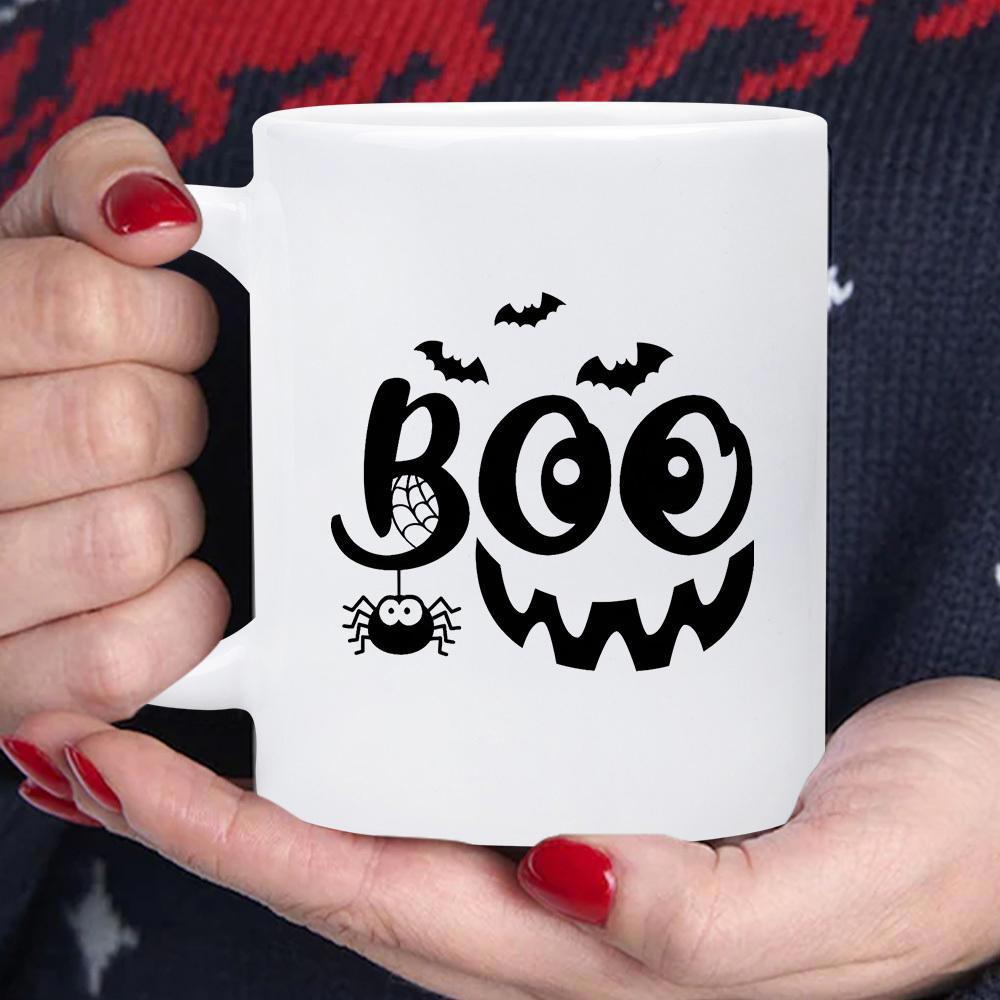 Tailorly White Ceramic 11 oz Mug - Boo Stylized Spooky Halloween Elements With Flying Bats And Spider Ghost