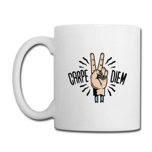 Tailorly White Ceramic 11 oz Mug - Carpe Diem Victory Hand Sign With Radiating Black Lines On White Ceramic Hand