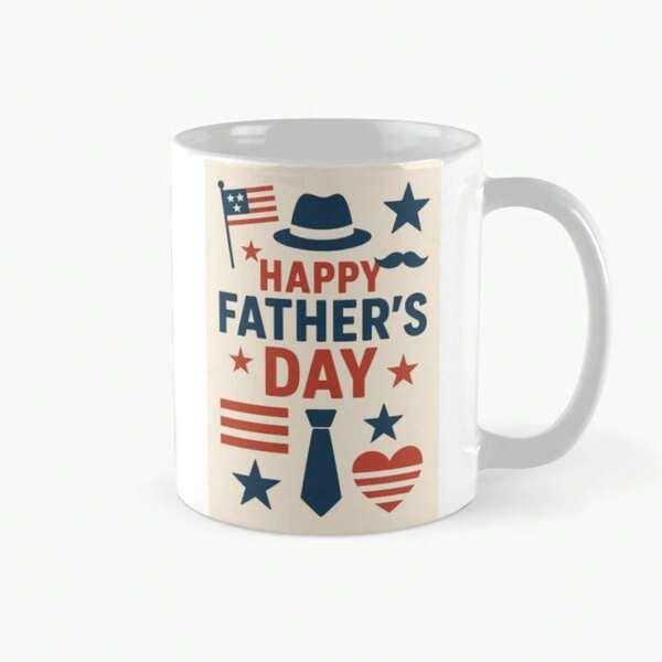 Tailorly White Ceramic 11 oz Mug - Happy Father's Day American Flag And Stars Surrounding A Classic Fedora Hat And Necktie