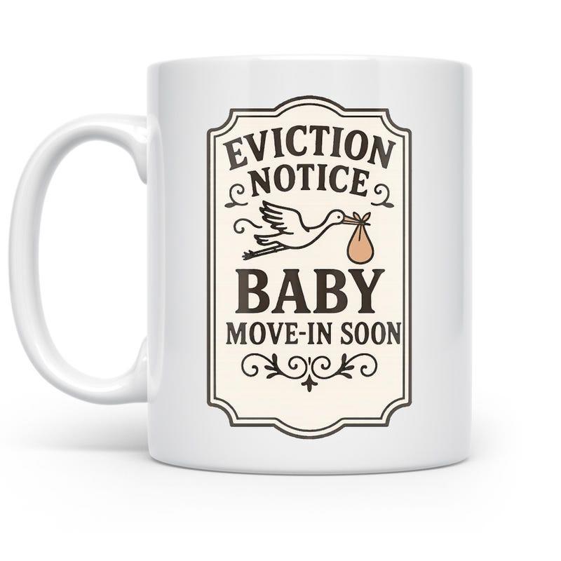 Tailorly White Ceramic 11 oz Mug - Eviction Notice Baby Move-In Soon Flying Stork Carrying Small Bundle Within Decorative Vintage Ornate Frame Stork