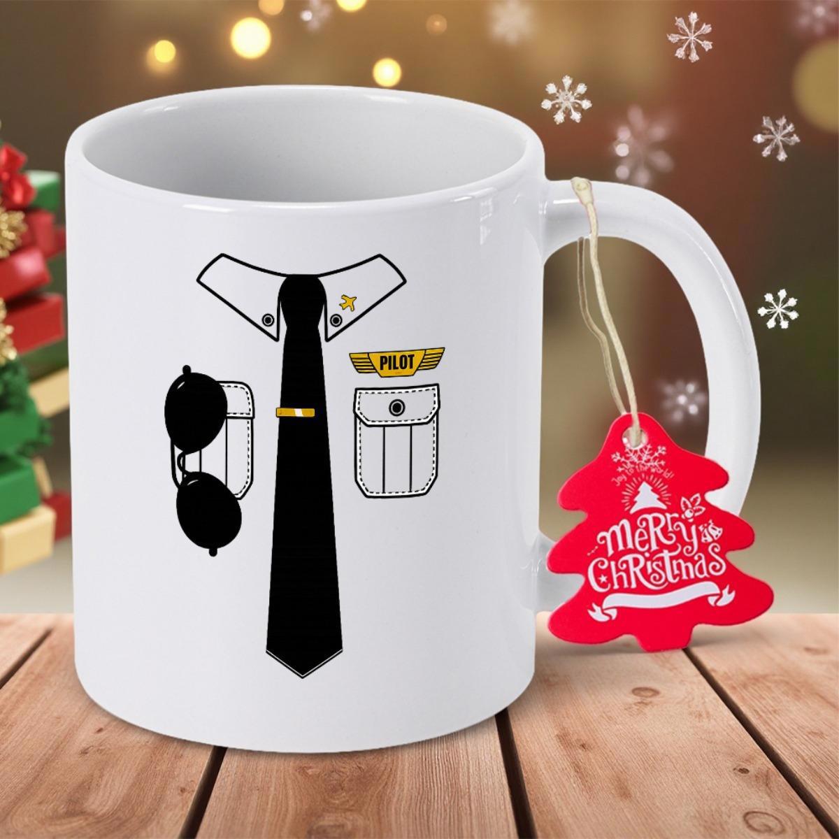 Tailorly White Ceramic 11 oz Mug - Pilot Professional Aviator Suit Design With Black Tie And Dark Sunglasses Uniform