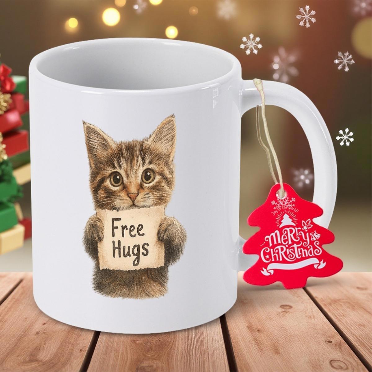 Tailorly White Ceramic 11 oz Mug - Free Hugs Adorable Brown Tabby Cat Holding A Small Message Sign Kitten