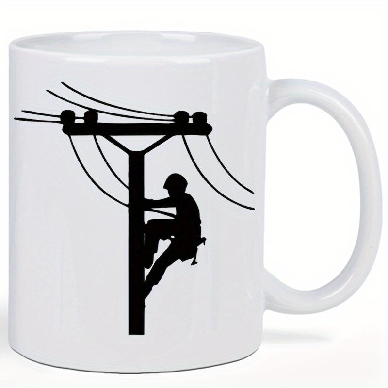 Tailorly White Ceramic 11 oz Mug - Silhouette Technician Climbing High On A Sturdy Utility Pole Lineman