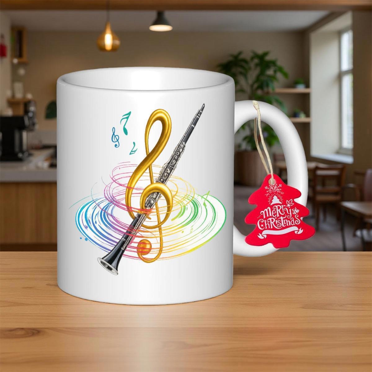 Tailorly White Ceramic 11 oz Mug - Elegant Woodwind Instrument With Golden Musical Clef And Rainbow Swirls Clarinet
