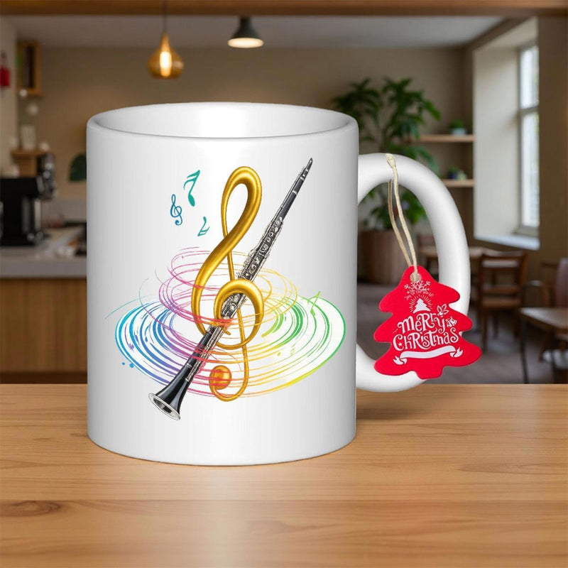 Tailorly White Ceramic 11 oz Mug - Elegant Woodwind Instrument With Golden Musical Clef And Rainbow Swirls Clarinet