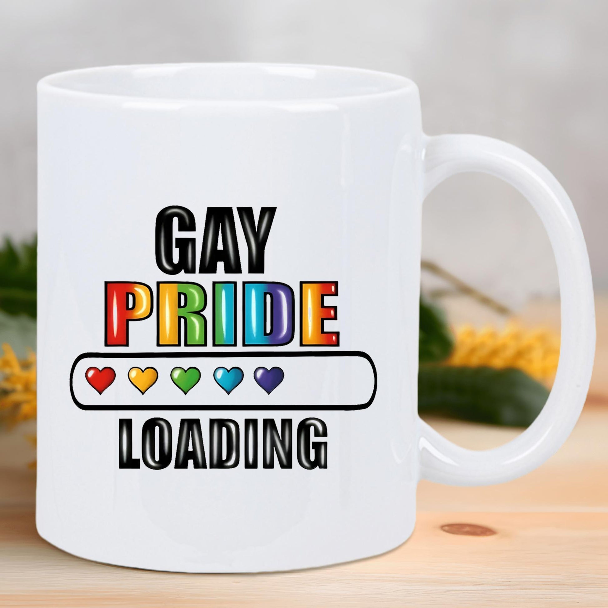 Tailorly White Ceramic 11 oz Mug - Gay Pride Loading Colorful Hearts Floating Inside A Progress Bar Sign Symbol Mug