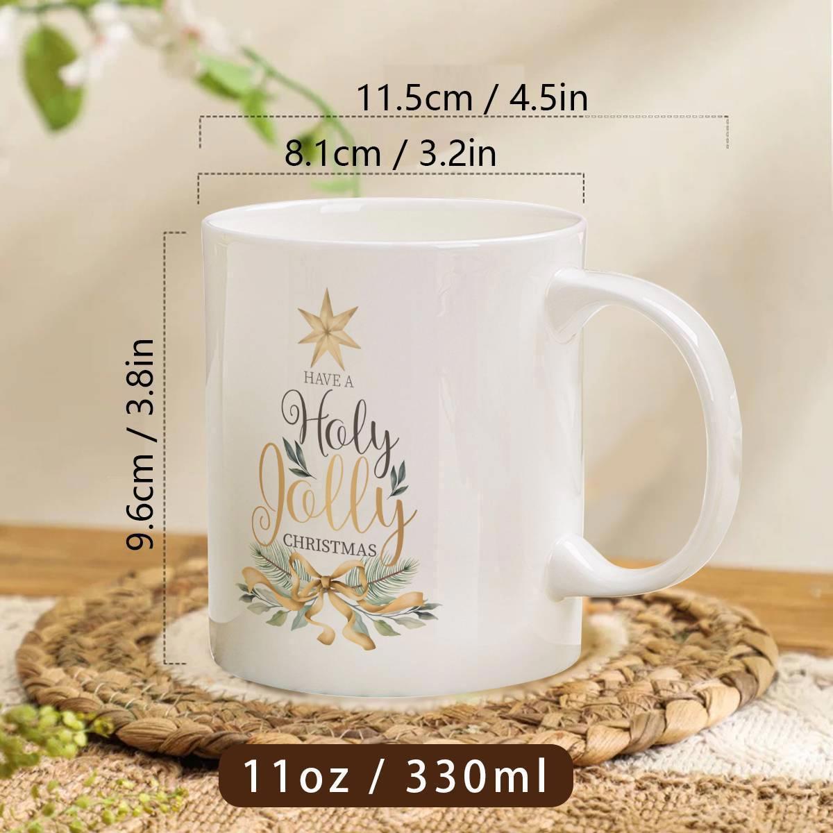 Tailorly White Ceramic 11 oz Mug - Holy Jolly Christmas Festive Pine Branches With Shining Star Atop Elegant