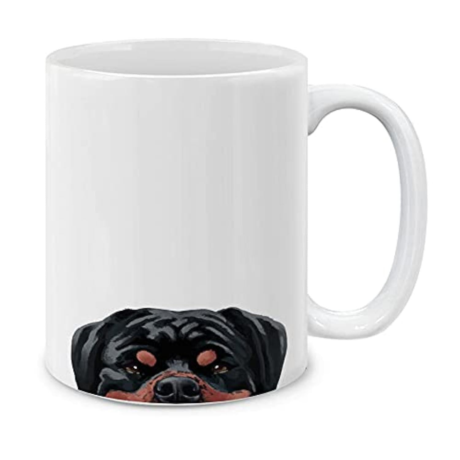 Tailorly White Ceramic 11 oz Mug - Hand Painted Style Peeking Black Dog Head Looking From Bottom Rottweiler