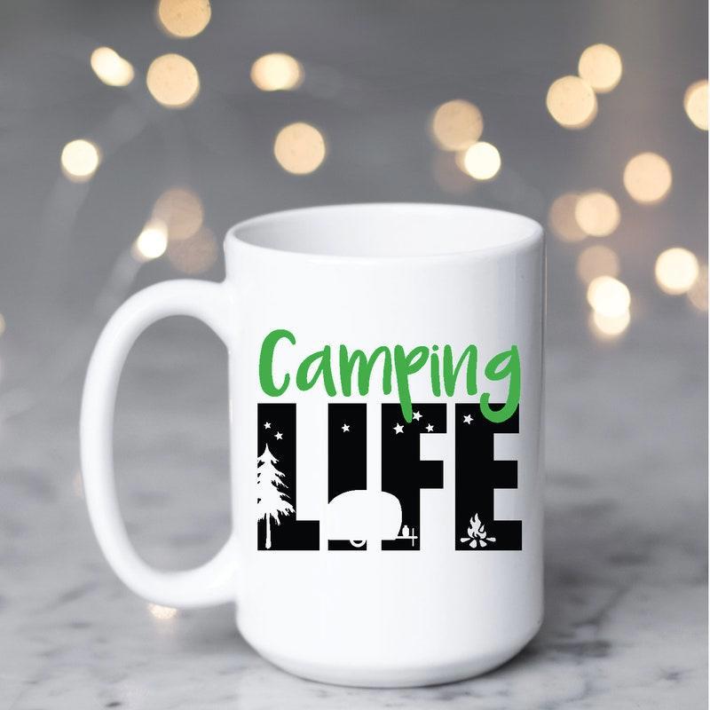 Tailorly White Ceramic 11 oz Mug - Camping Life Silhouette Of Tall Pine Trees And Vintage Style Travel Trailer Camper