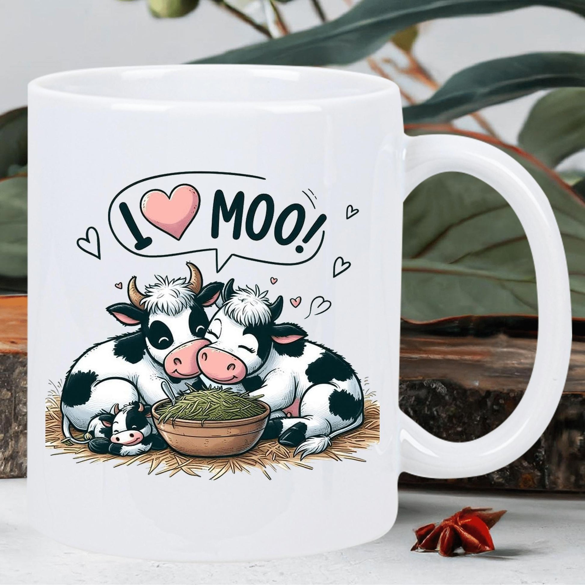 Tailorly White Ceramic 11 oz Mug - I Moo Adorable Spotted Dairy Cows Cuddling Together Beside A Bowl Of Fresh Grass Cow