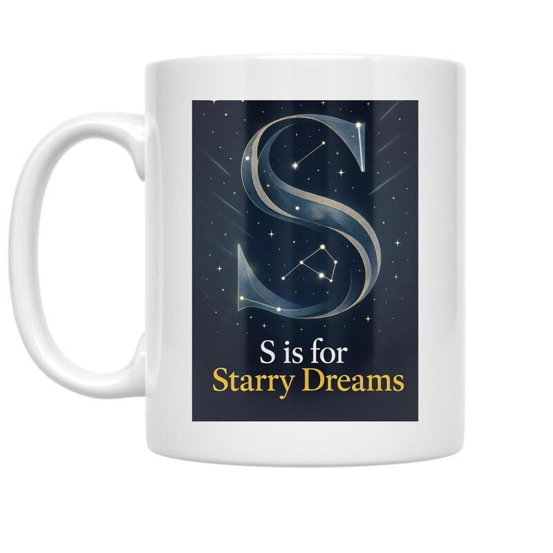Tailorly White Ceramic 11 oz Mug - S Is For Starry Dreams Glowing Celestial Atmosphere With Shimmering Stars Inside Artistic Letter S Mug