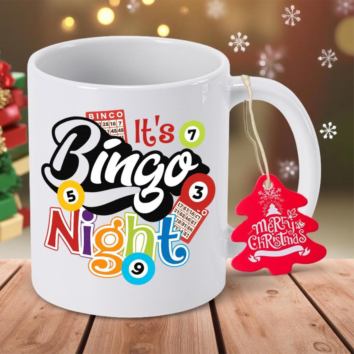Tailorly White Ceramic 11 oz Mug - Its Bingo Night Merry Christmas Colorful Gaming Elements With Numbered Balls And Classic Bingo Card Mug