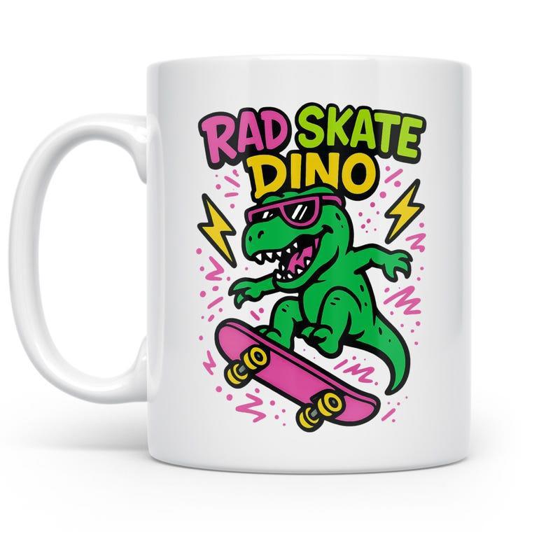 Tailorly White Ceramic 11 oz Mug - Rad Skate Dino Vibrant Green Cartoon T Rex Riding Pink Skateboard With Lightning Dinosaur