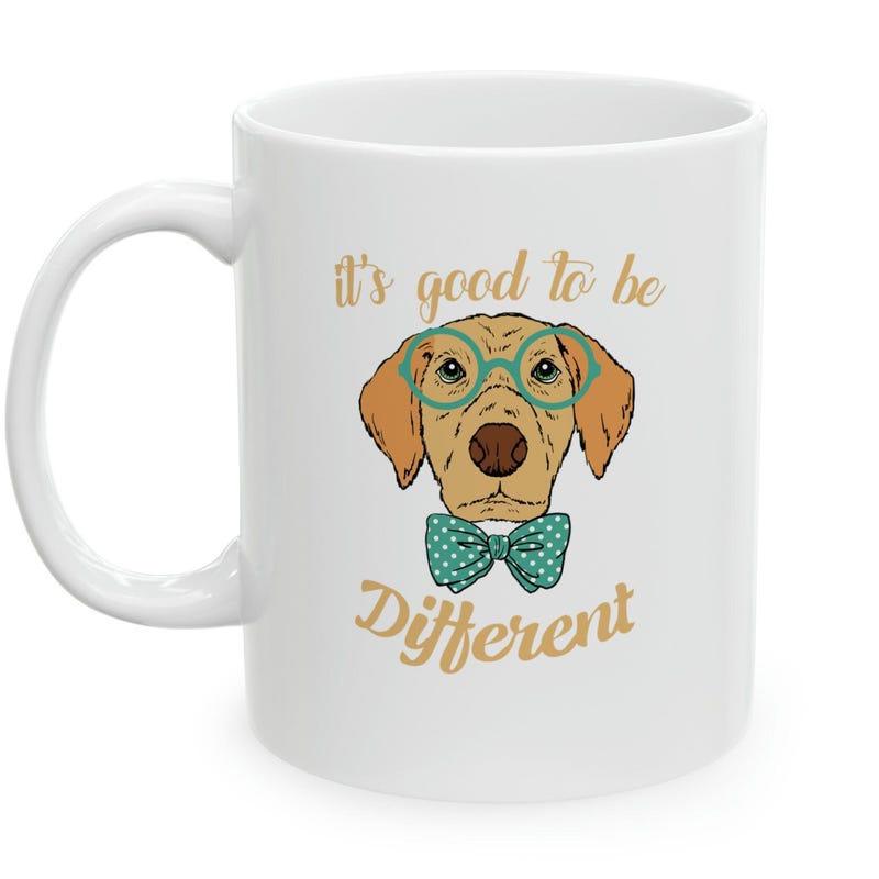 Tailorly White Ceramic 11 oz Mug - Its Good To Be Different Cute Golden Retriever Wearing Stylish Glasses And Teal Bowtie Dog