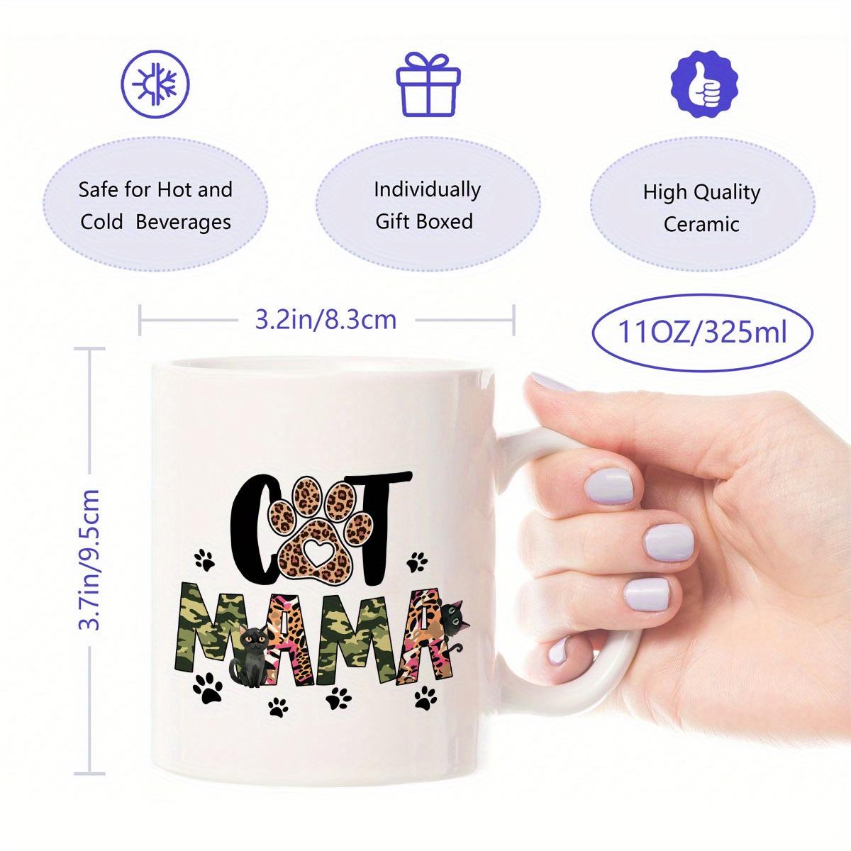 Tailorly White Ceramic 11 oz Mug - Cat Mama Artistic Leopard Print Paw With Decorative Floral Cat Silhouette Patterns Pattern