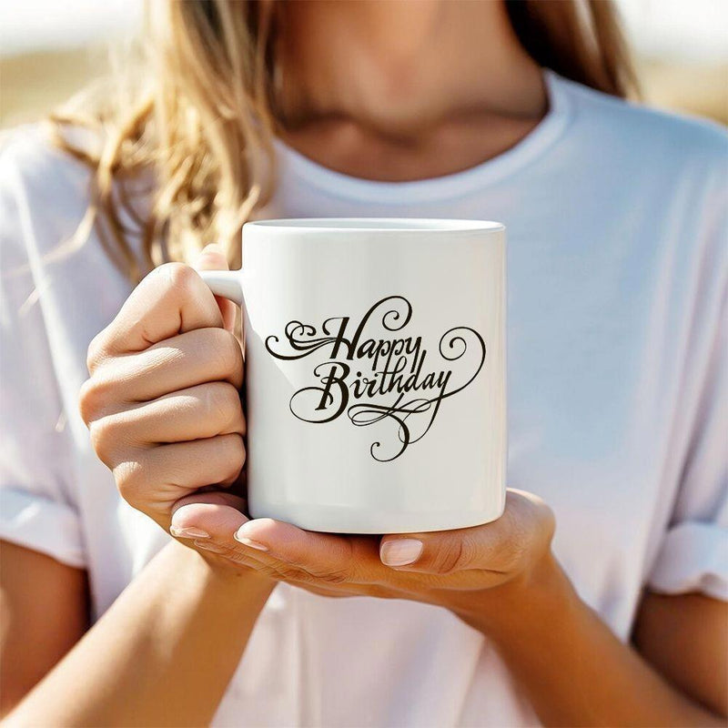 Tailorly White Ceramic 11 oz Mug - Happy Birthday Elegant Artistic Calligraphic Script With Decorative Swirls Heart Sign