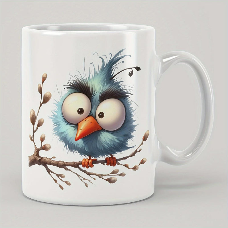 Tailorly White Ceramic 11 oz Mug - Chubby Blue Cartoon Character Perched Upon A Delicate Budding Spring Branch Bird