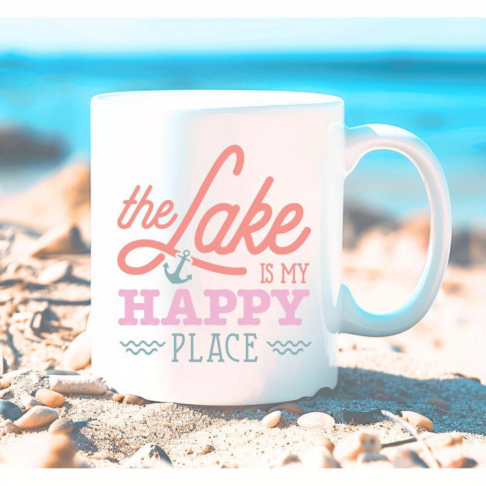 Tailorly White Ceramic 11 oz Mug - The Lake Is My Happy Place Minimalist With Nautical Anchor And Wave Symbols Mug