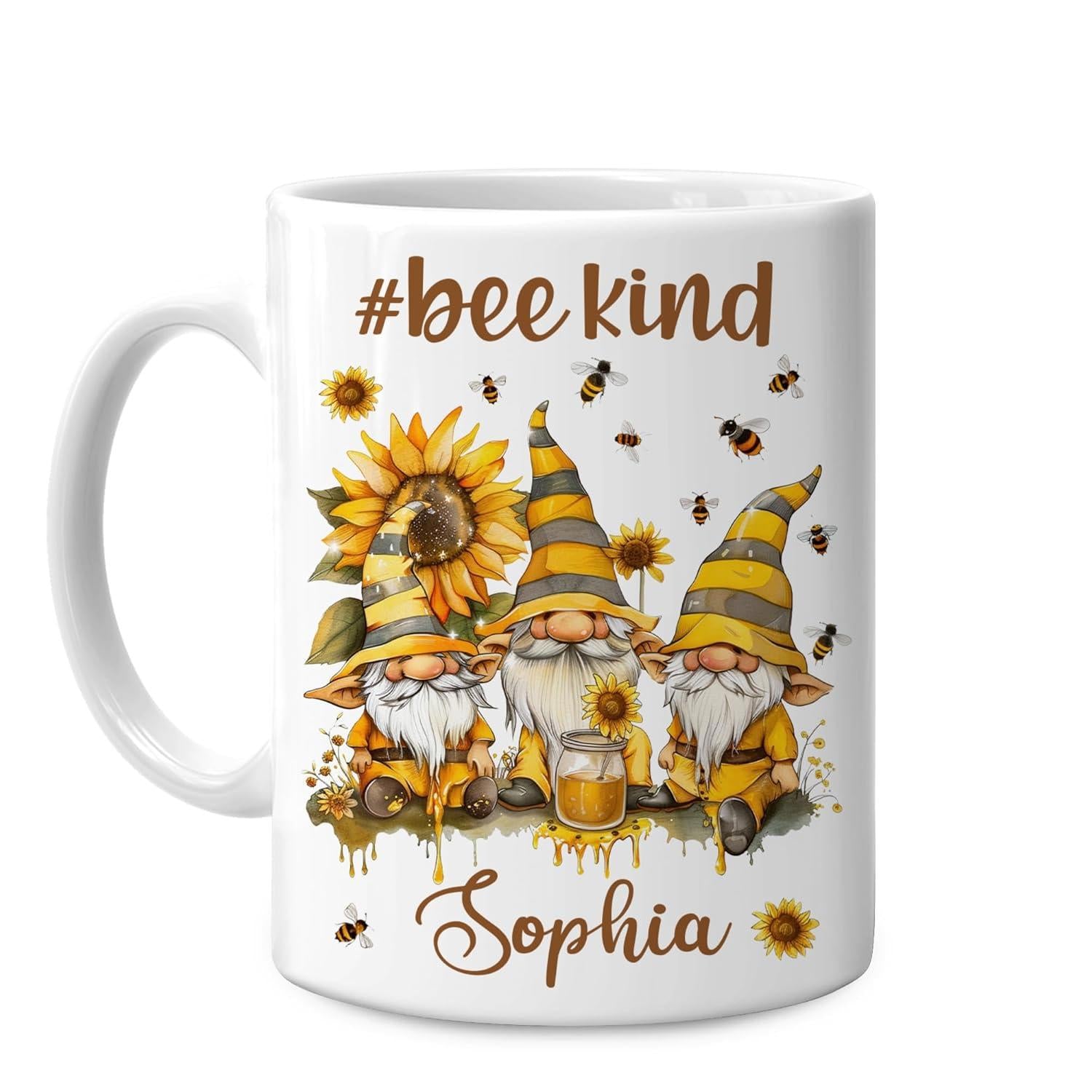 Tailorly White Ceramic 11 oz Mug - Bee Kind Sophia Three Whimsical Garden Gnomes Surrounded By Sunflowers And Bees Gnomes