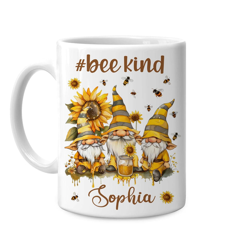 Tailorly White Ceramic 11 oz Mug - Bee Kind Sophia Three Whimsical Garden Gnomes Surrounded By Sunflowers And Bees Gnomes