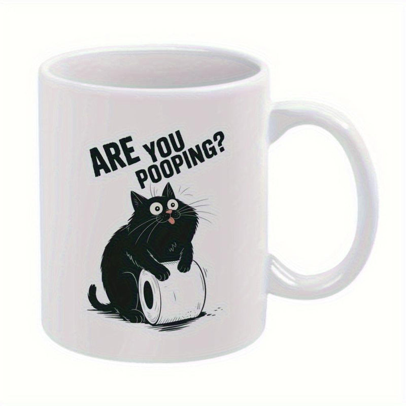 Tailorly White Ceramic 11 oz Mug - Are You Pooping Funny Black Cartoon Cat Hugging Toilet Paper Under Bold Questioning Text Cat