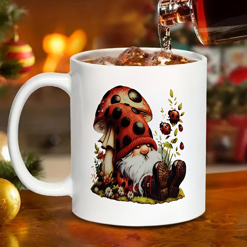 Tailorly White Ceramic 11 oz Mug - Whimsical Forest Character With Red Spotted Mushroom Hat Among Flowers Gnome