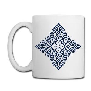 Tailorly White Ceramic 11 oz Mug - Intricate Symmetrical Diamond Pattern With Ornamental Teardrop Shapes And Central Sun Mandala