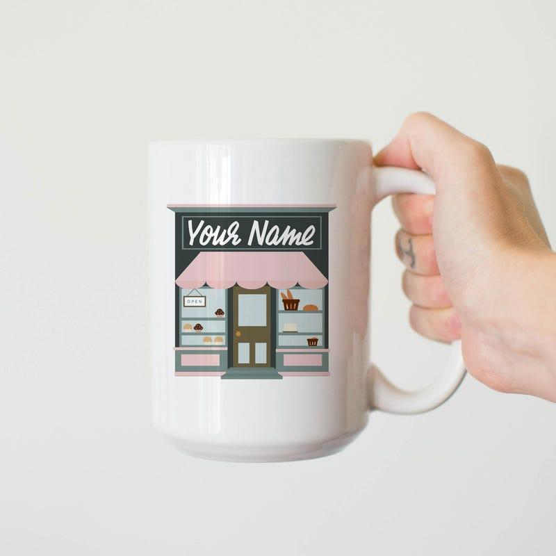 Tailorly White Ceramic 11 oz Mug - Your Name Charming Pastel Boutique Facade With Pink Awning And Detailed Window Display Shop