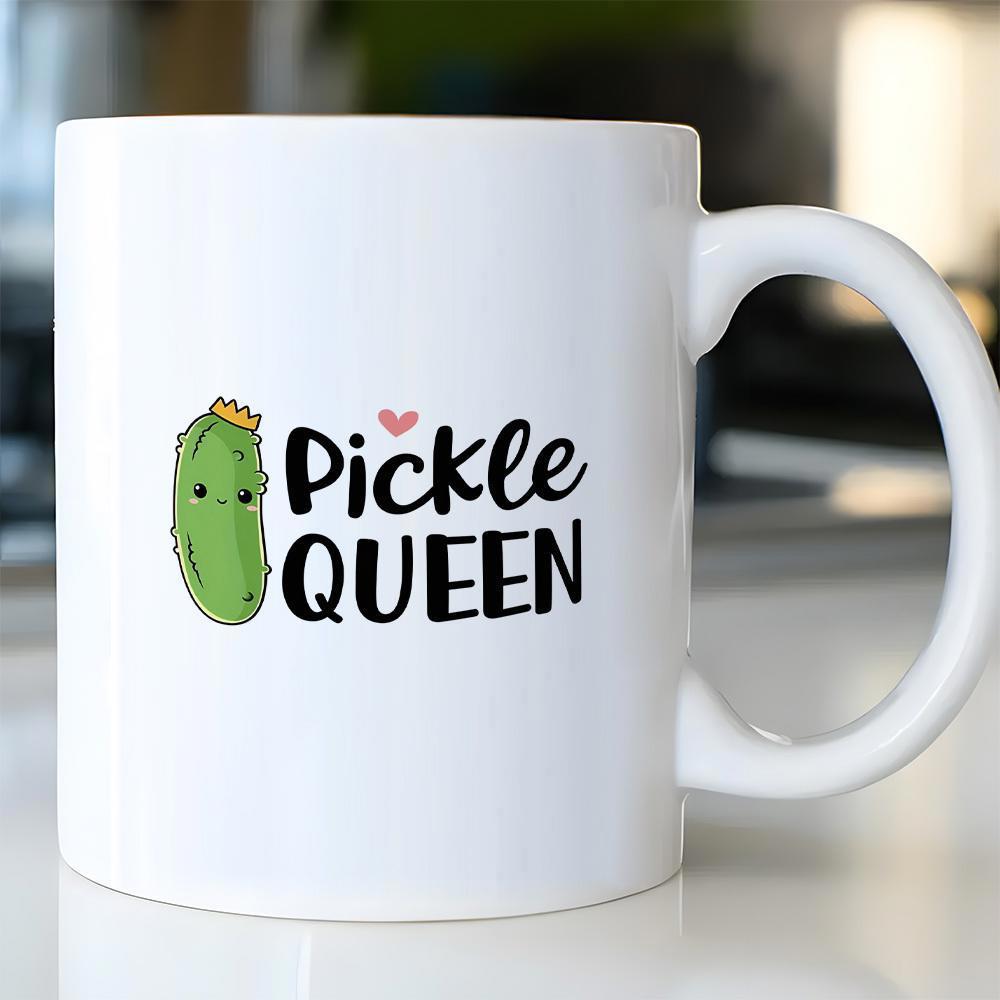 Tailorly White Ceramic 11 oz Mug - Pickle Queen Adorable Green Cartoon Vegetable Wearing A Golden Crown With Heart Pickle