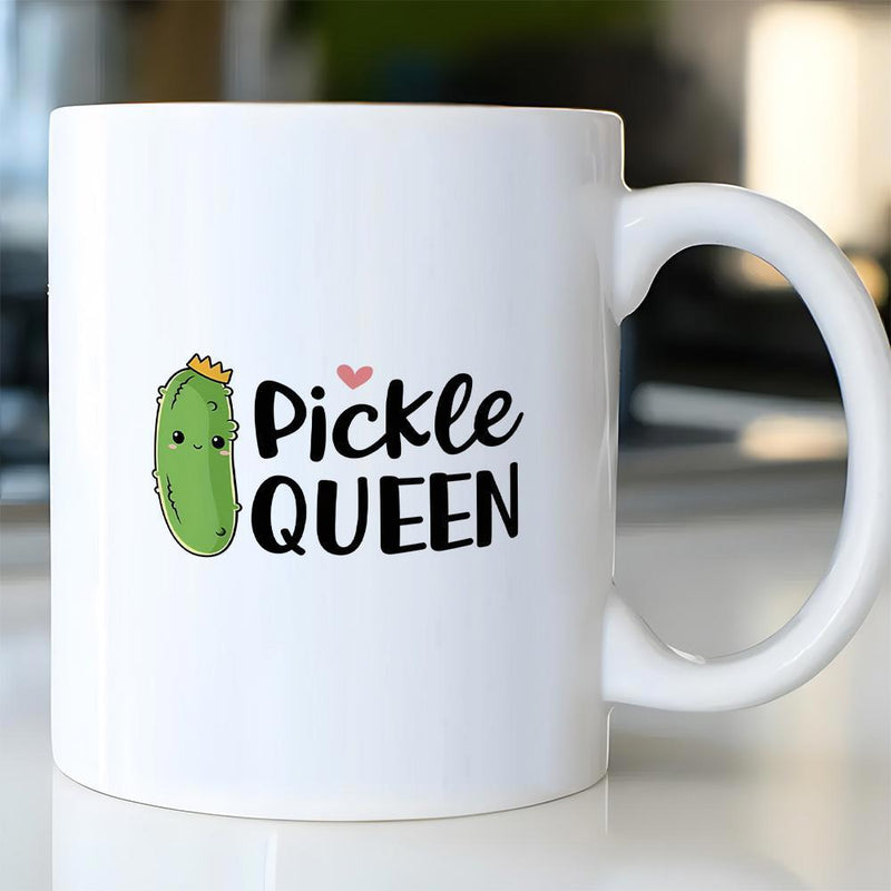 Tailorly White Ceramic 11 oz Mug - Pickle Queen Adorable Green Cartoon Vegetable Wearing A Golden Crown With Heart Pickle