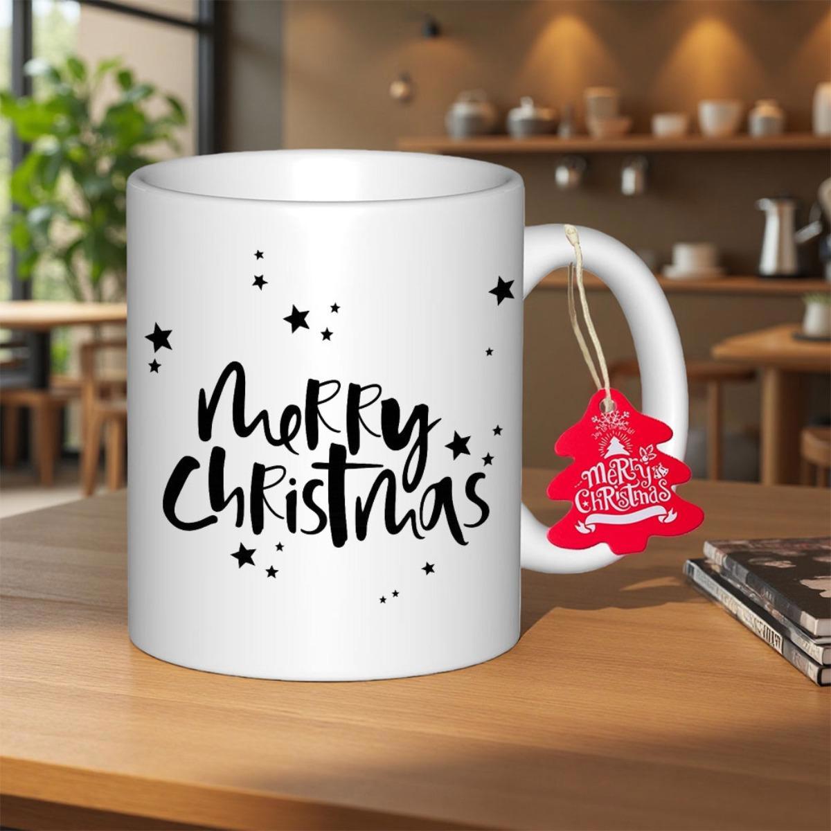 Tailorly White Ceramic 11 oz Mug - Merry Christmas Elegant Minimalist Black Stars Scattering Across A Glossy Ceramic Surface Mug