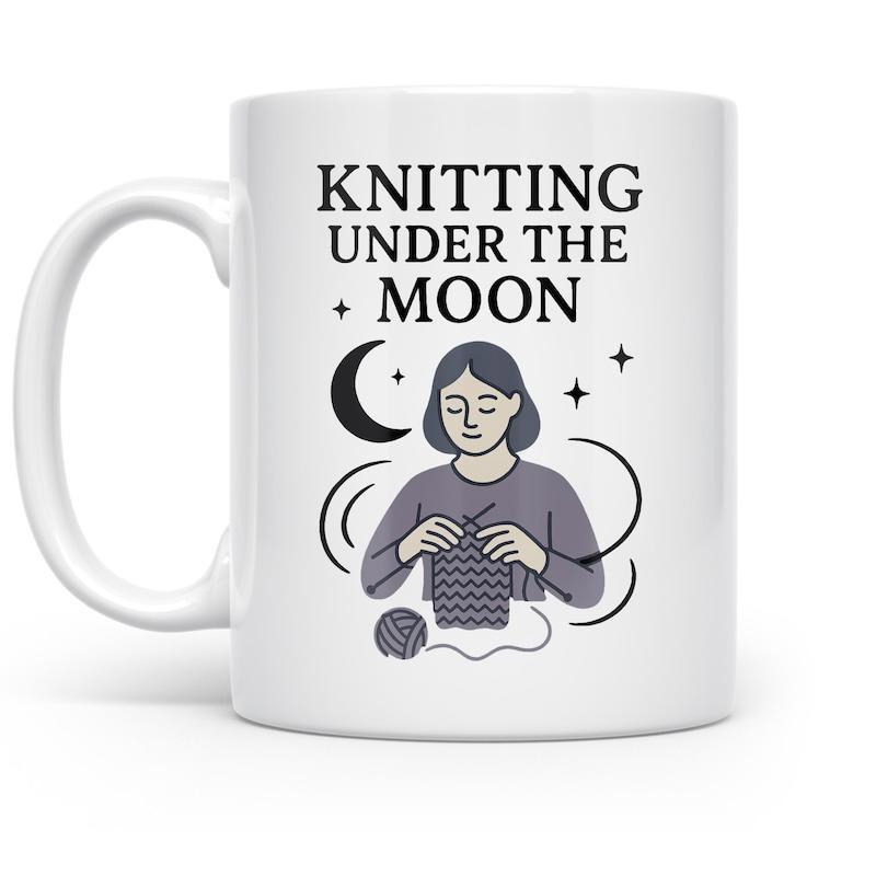 Tailorly White Ceramic 11 oz Mug - Knitting Under The Moon Peaceful Lady Crafting With Purple Yarn Under A Celestial Crescent Moon Woman