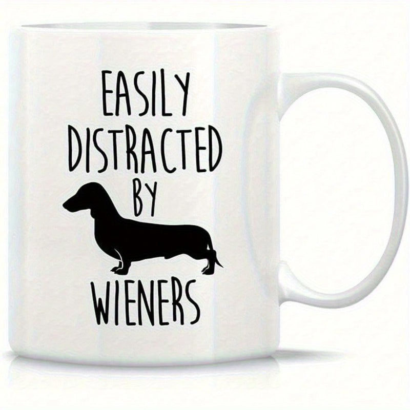 Tailorly White Ceramic 11 oz Mug - Easily Distracted By Wieners Minimalist Black Silhouette Of A Long Bodied Dog Standing Quietly Dachshund