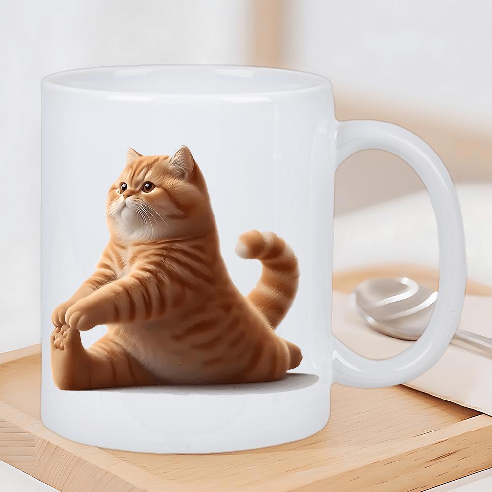Tailorly White Ceramic 11 oz Mug - Cute Ginger Tabby Stretching In A Calm Morning Yoga Pose Cat