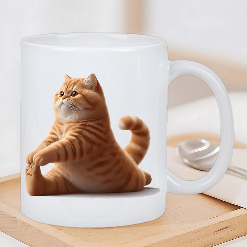 Tailorly White Ceramic 11 oz Mug - Cute Ginger Tabby Stretching In A Calm Morning Yoga Pose Cat
