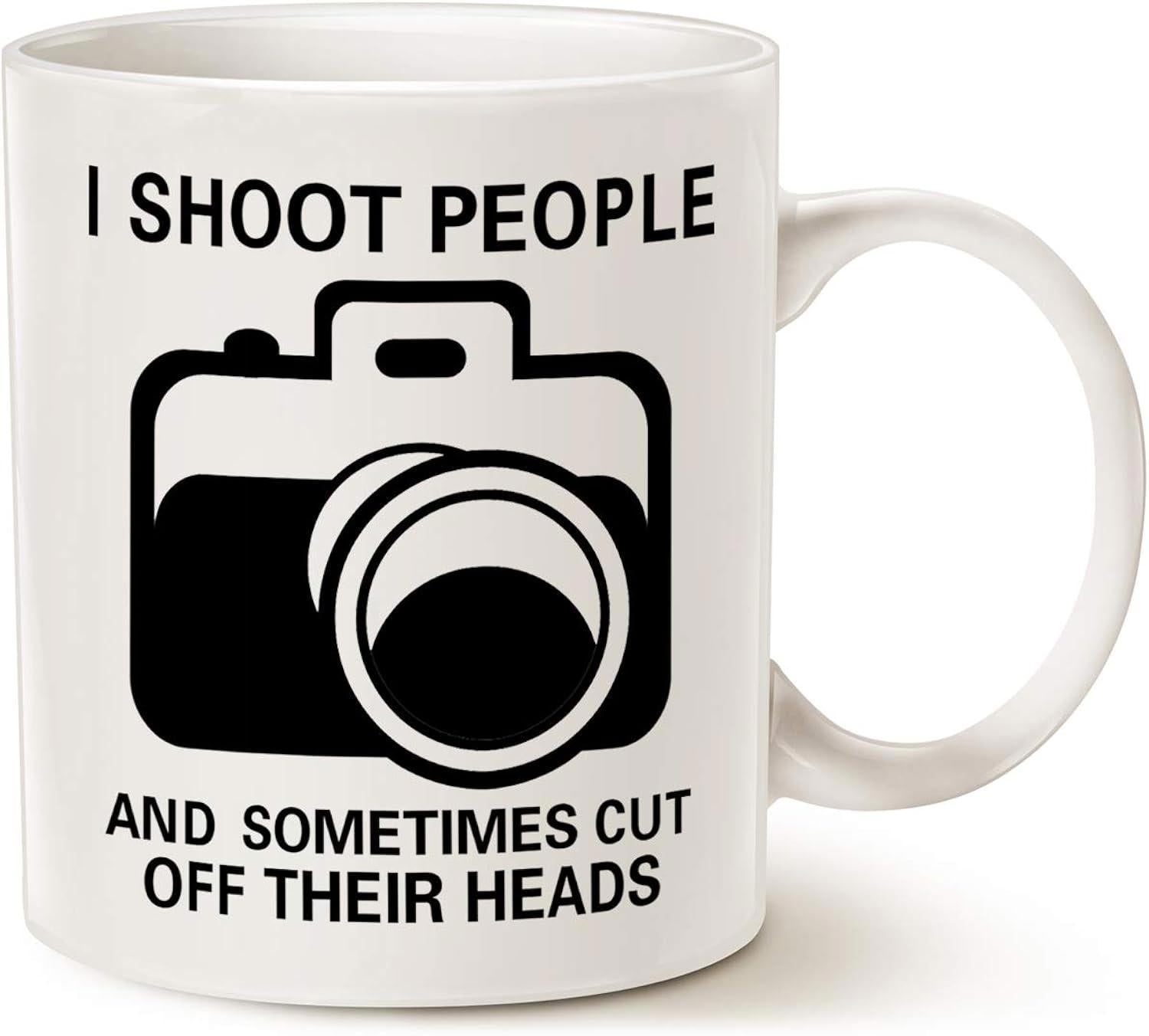 Tailorly White Ceramic 11 oz Mug - I Shoot People And Sometimes Cut Off Their Heads Minimalist Black Outline Showing Bold Professional Modern Photography Equipment