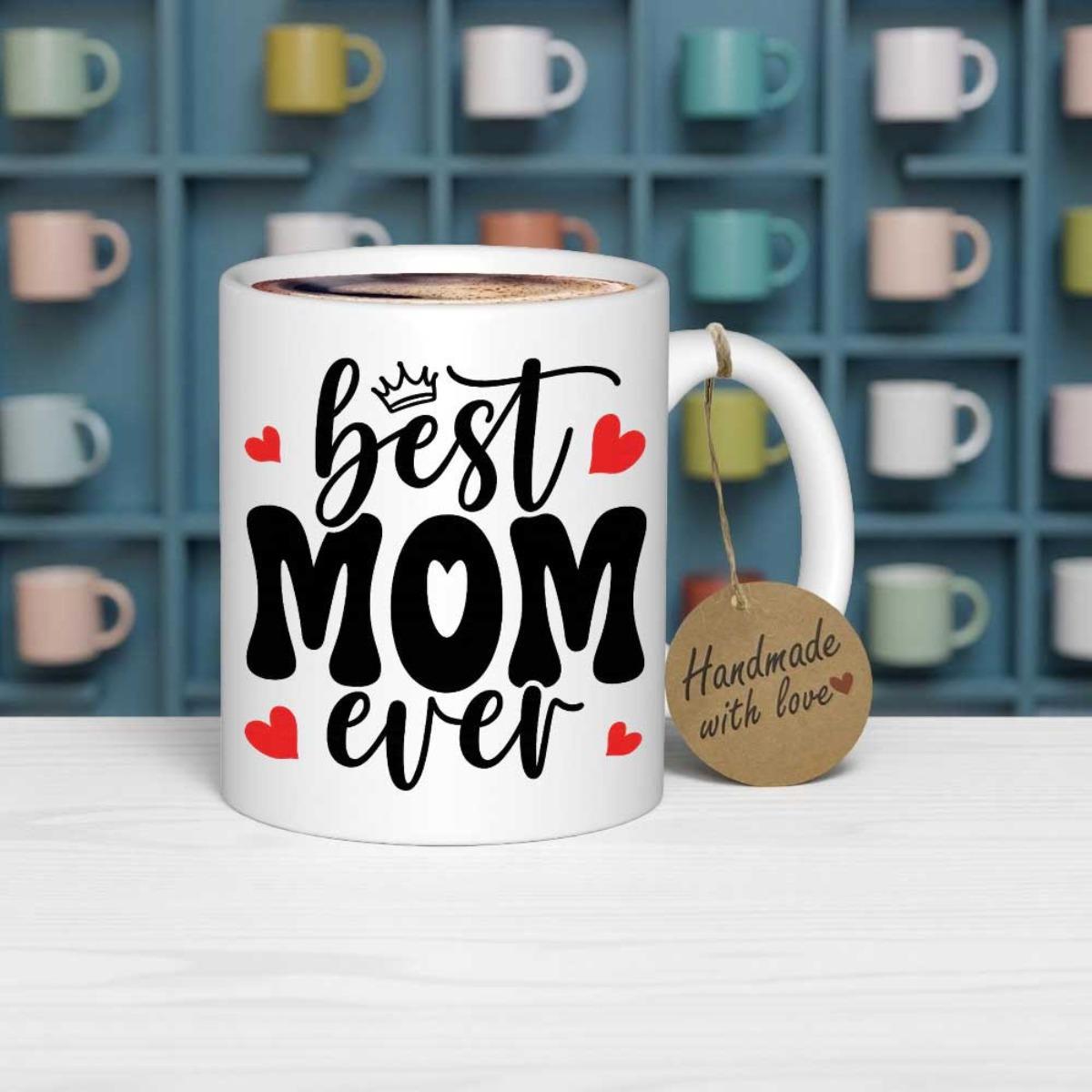 Tailorly White Ceramic 11 oz Mug - Best Mom Ever With Delicate Red Hearts And Decorative Crown Elements Mug