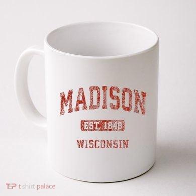 Tailorly White Ceramic 11 oz Mug - Madison Est 1848 Wisconsin Minimalist White Ceramic With Distressed Red Collegiate Vintage Athletic Style Lettering Mug