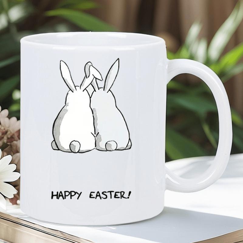 Tailorly White Ceramic 11 oz Mug - Happy Easter Simple Hand Drawn Line Art Of Two Sitting Bunnies Rabbit