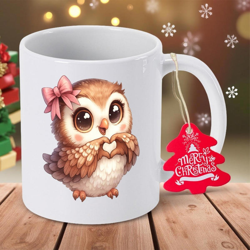 Tailorly White Ceramic 11 oz Mug - Merry Christmas Cute Brown Baby Owl Wearing Pink Bow Creating Hand Heart Gesture Owl