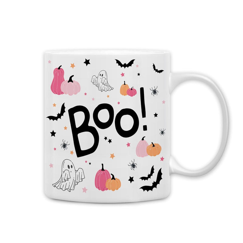 Tailorly White Ceramic 11 oz Mug - Boo Festive Pumpkins With Flying Bats And Dancing Friendly Halloween Ghost