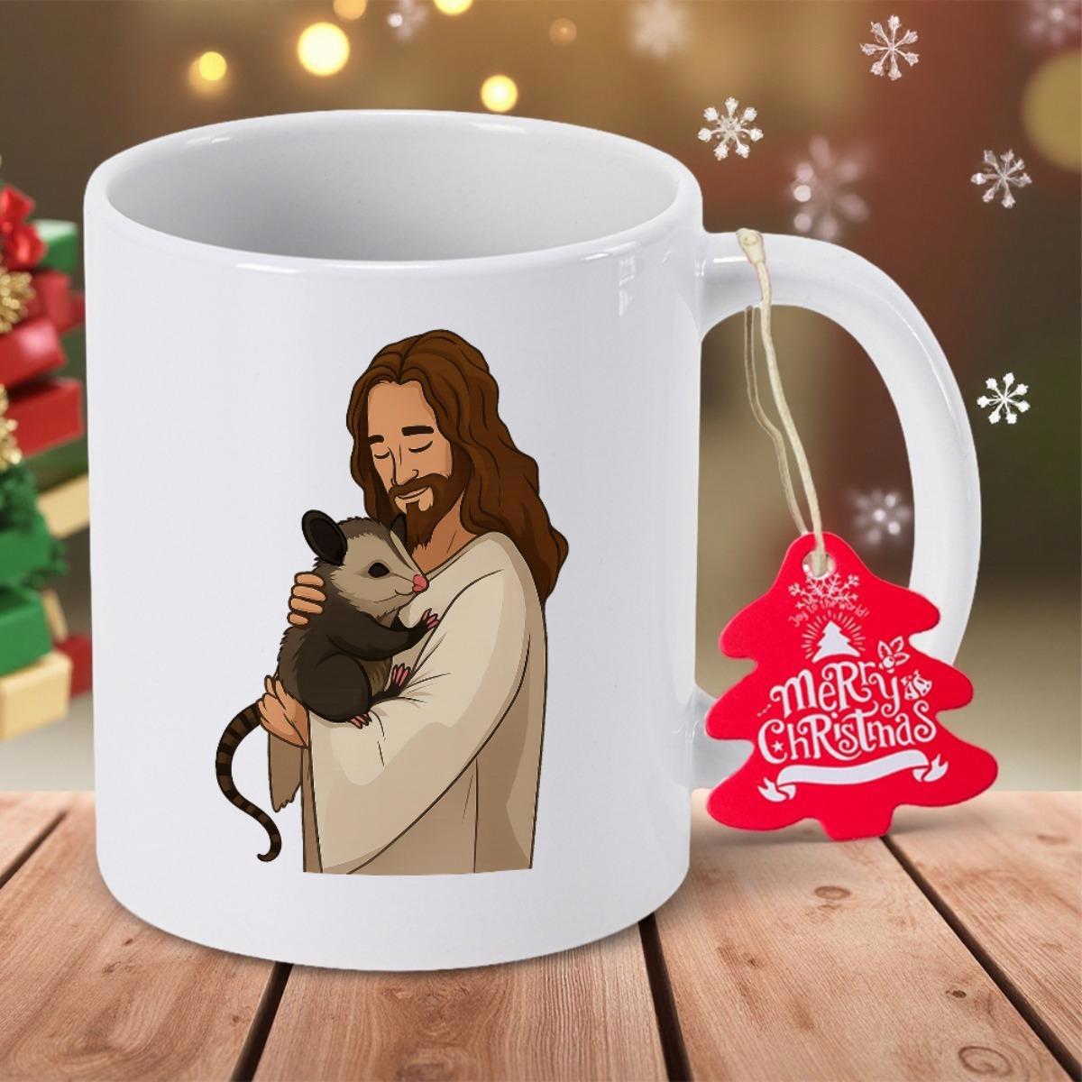 Tailorly White Ceramic 11 oz Mug - Merry Christmas Gentle Man With Long Hair Safely Holding A Little Baby Opossum Jesus