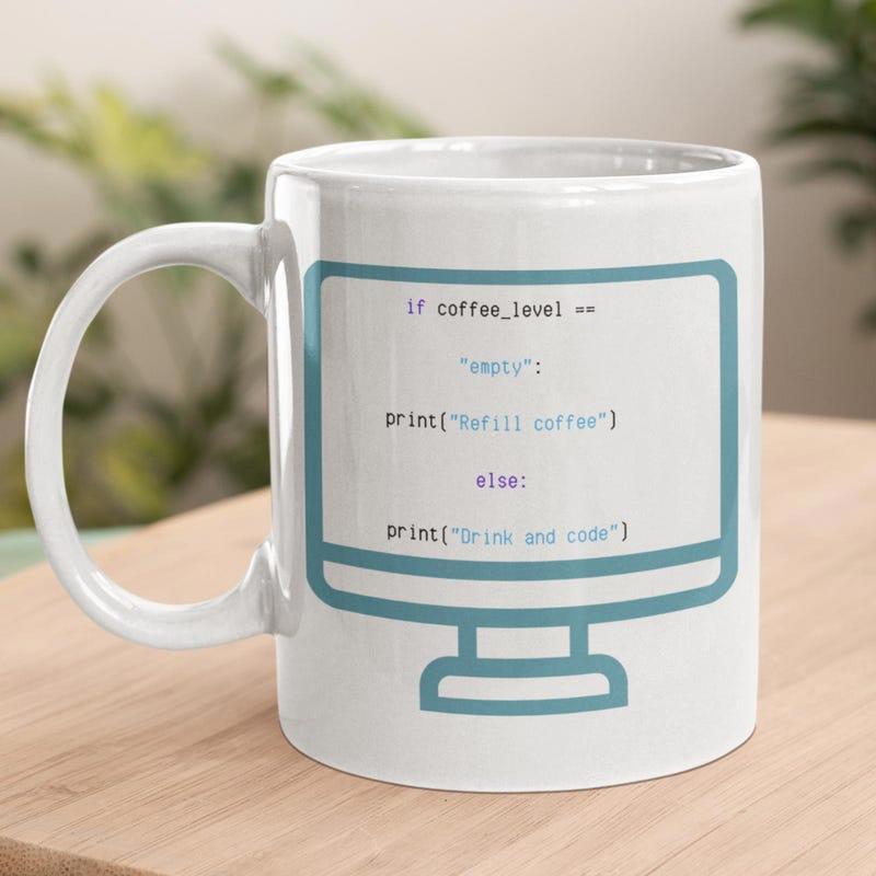 Tailorly White Ceramic 11 oz Mug - Refill Coffee Drink And Code Simple Blue Outlined Computer Monitor Icon Displaying Program Code Snippets Mug