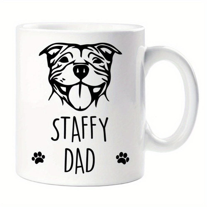 Tailorly White Ceramic 11 oz Mug - Staffy Dad Hand Drawn Minimalist Smiling Head With Tiny Cute Paw Prints Dog