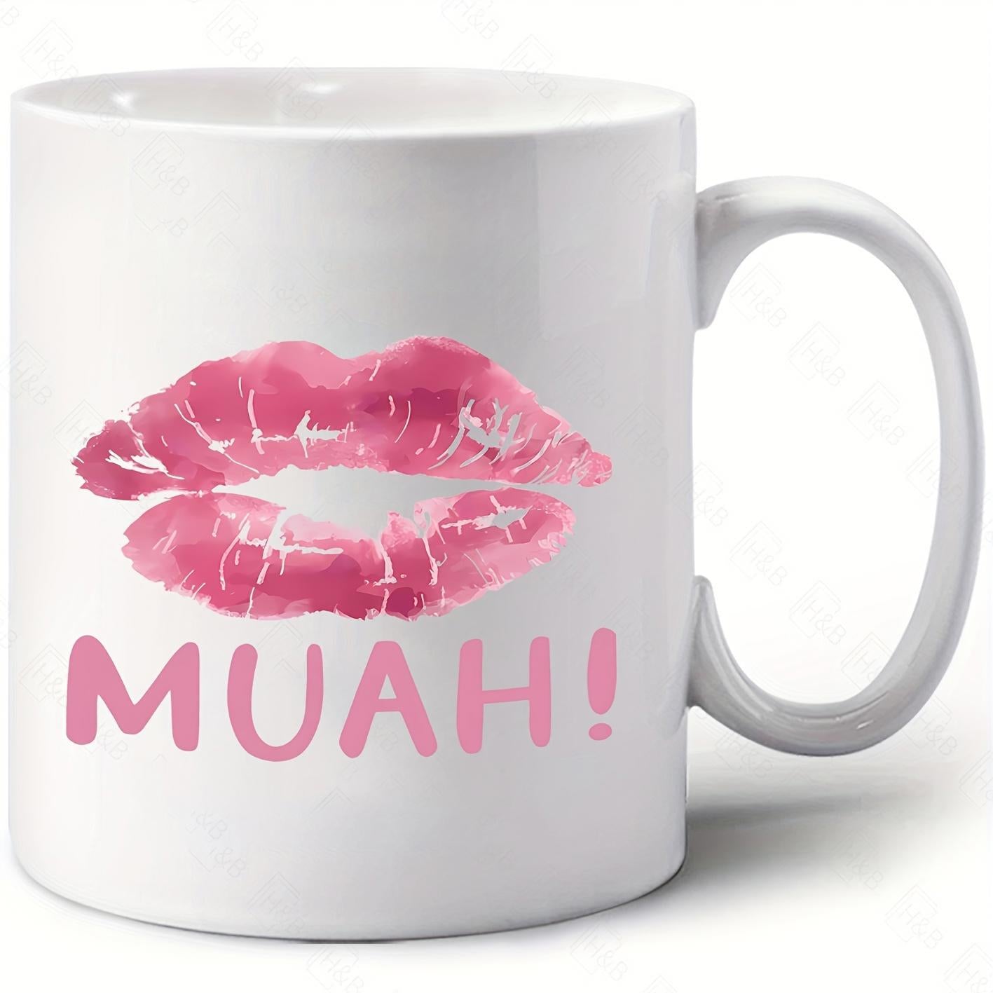 Tailorly White Ceramic 11 oz Mug - Muah Vibrant Pink Watercolor Style Lipstick Mark Above Simple Playful Text Lips