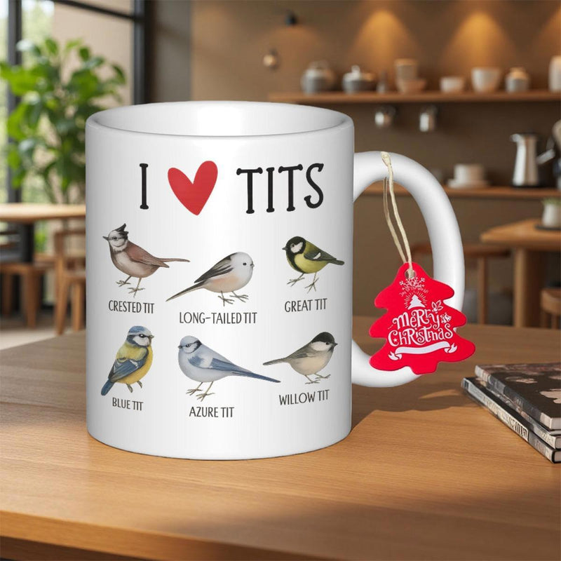 Tailorly White Ceramic 11 oz Mug - I Tits Crested Tit Long Tailed Tit Great Tit Blue Tit Azure Tit Willow Tit Various Species Of Tiny Wild Songbirds In Scientific