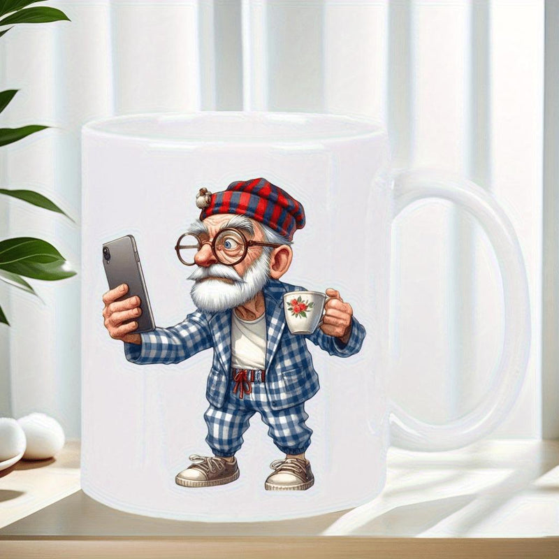 Tailorly White Ceramic 11 oz Mug - Dapper Old Man In Plaid Suit Holding Phone And Coffee Cup Man