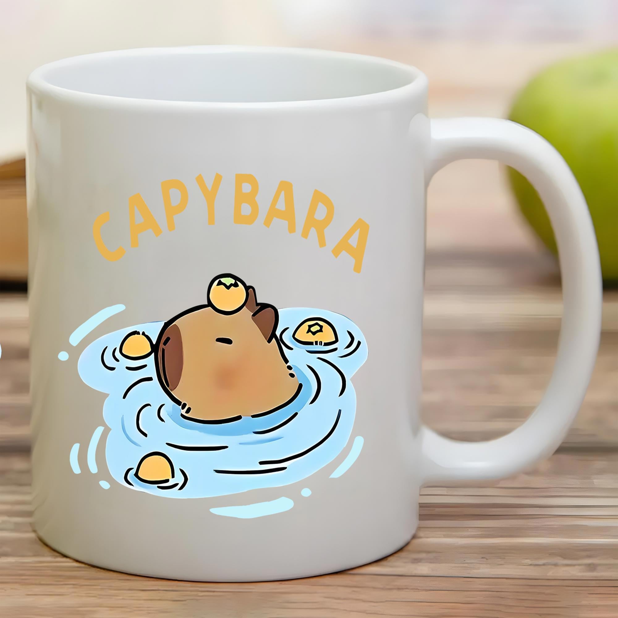 Tailorly White Ceramic 11 oz Mug - Capybara Cute Cartoon Animal Resting In Soothing Blue Rippling Water With Citrus Capybara
